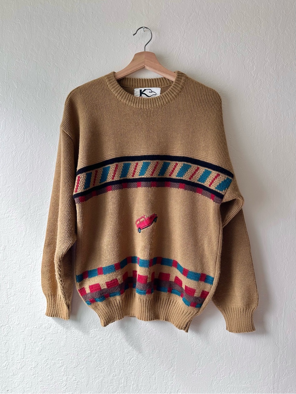 Vintage 90s intarsia knit sweater med large eclectic grandpa dadcore car motif